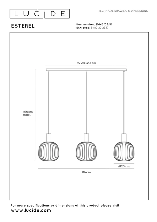 Lucide ESTEREL - Suspension - 3xGU10 (MR11) - Taupe | Essential - technique